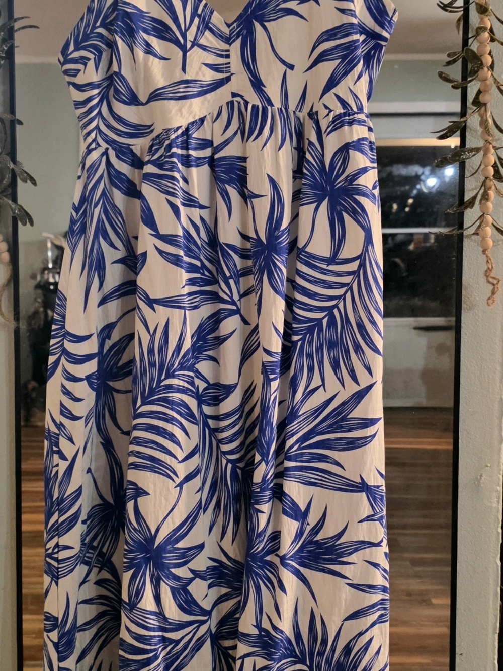 Blue Palm-Print White Women's Dress